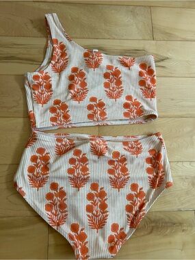 J. Crew Orange Block Print Floral Striped Tankini